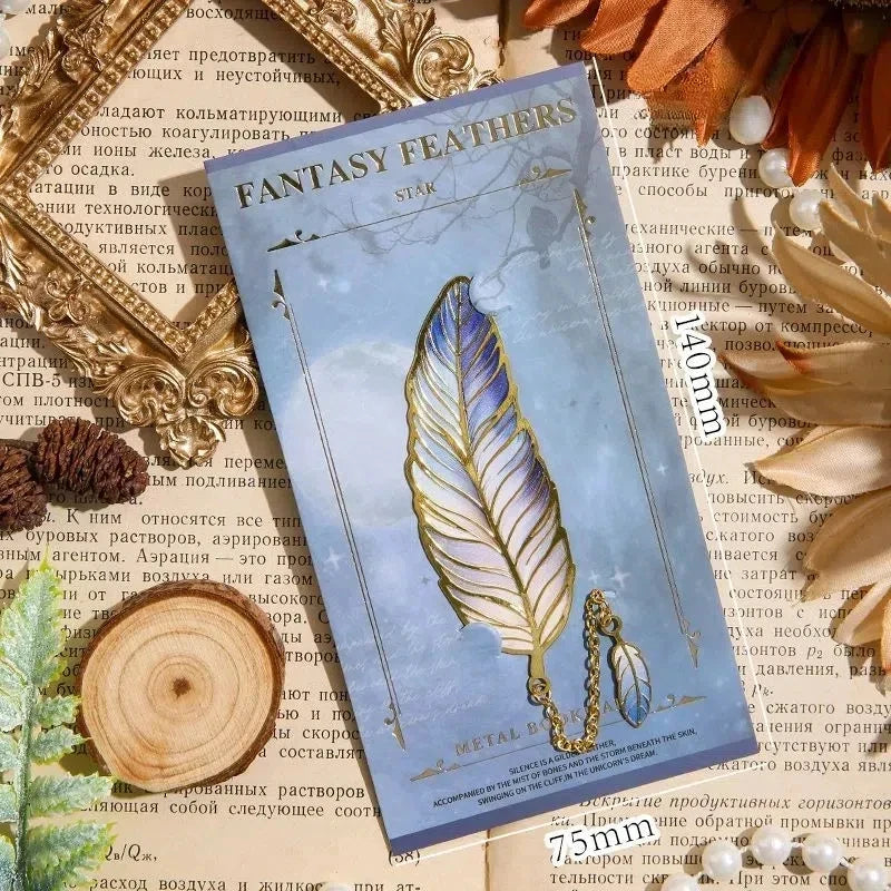 Vintage Feather Gold Stamped Metal Bookmark with Metal Chain Pendant,