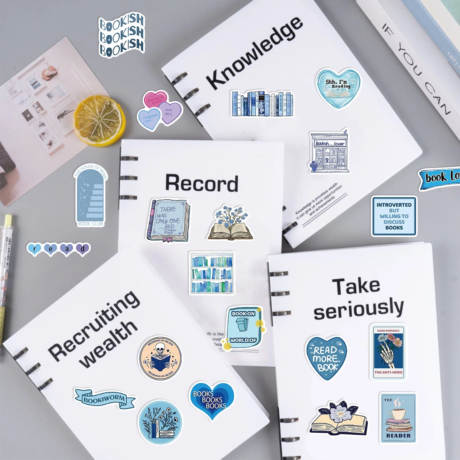 50Pcs Blue Bookish Graffiti Sticker Reading Book Stickers for Students School Season Gift DIY Stationery Luggage Laptop
