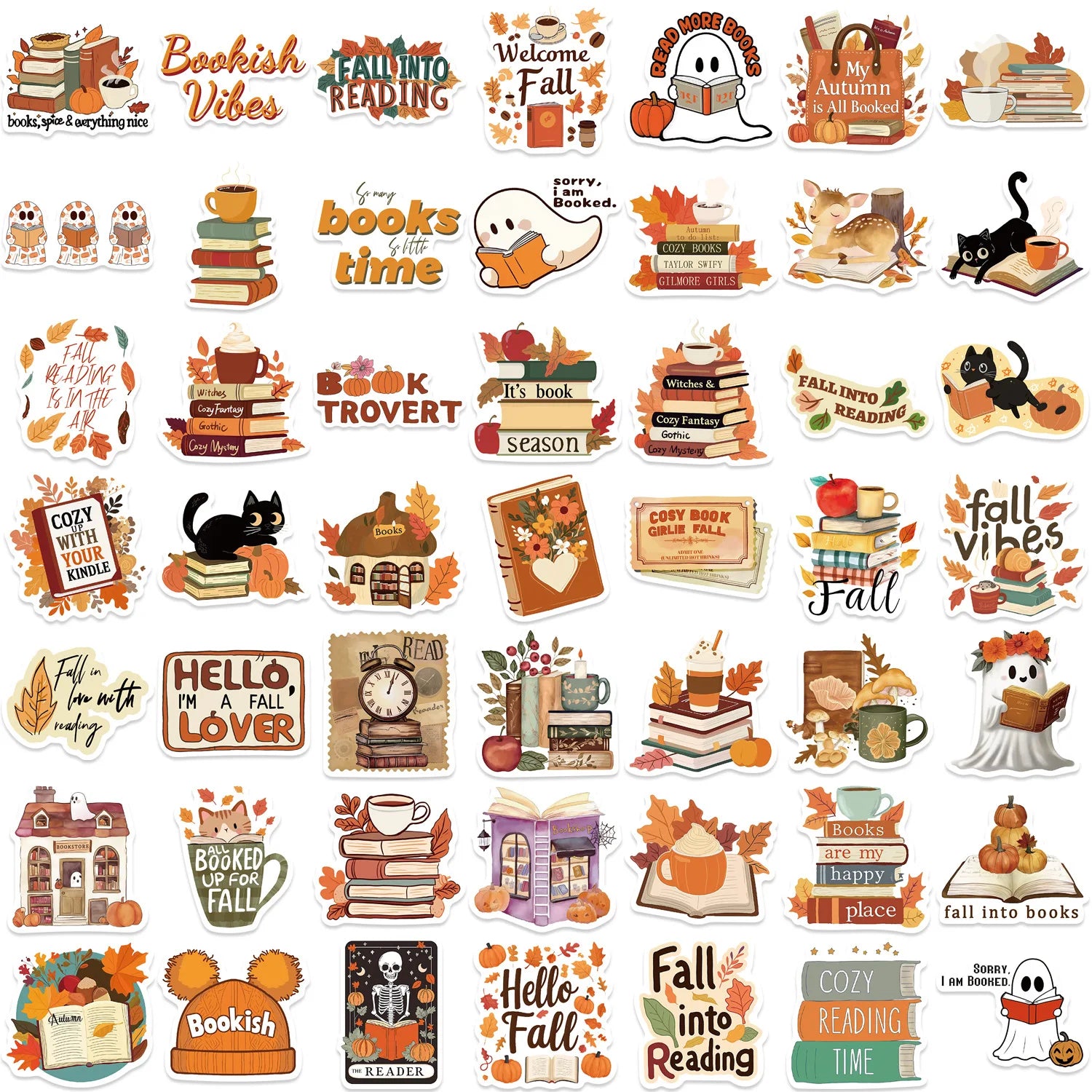 50Pcs Bookish Autumn Graffiti Stickers Cartoon Cute Ghost Books Graffiti DIY Bookbook Notebook Stickers