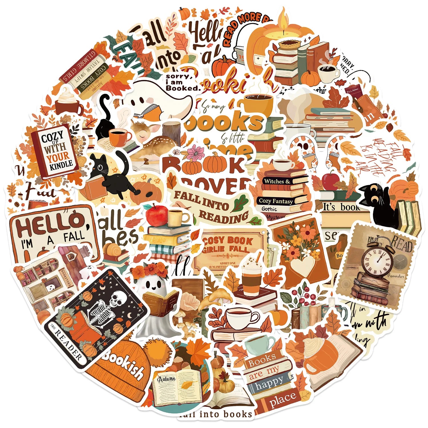 50Pcs Bookish Autumn Graffiti Stickers Cartoon Cute Ghost Books Graffiti DIY Bookbook Notebook Stickers