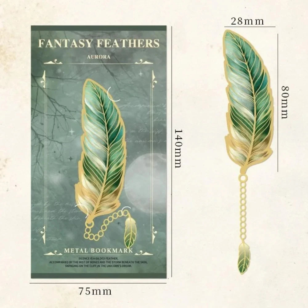 Vintage Feather Gold Stamped Metal Bookmark with Metal Chain Pendant,