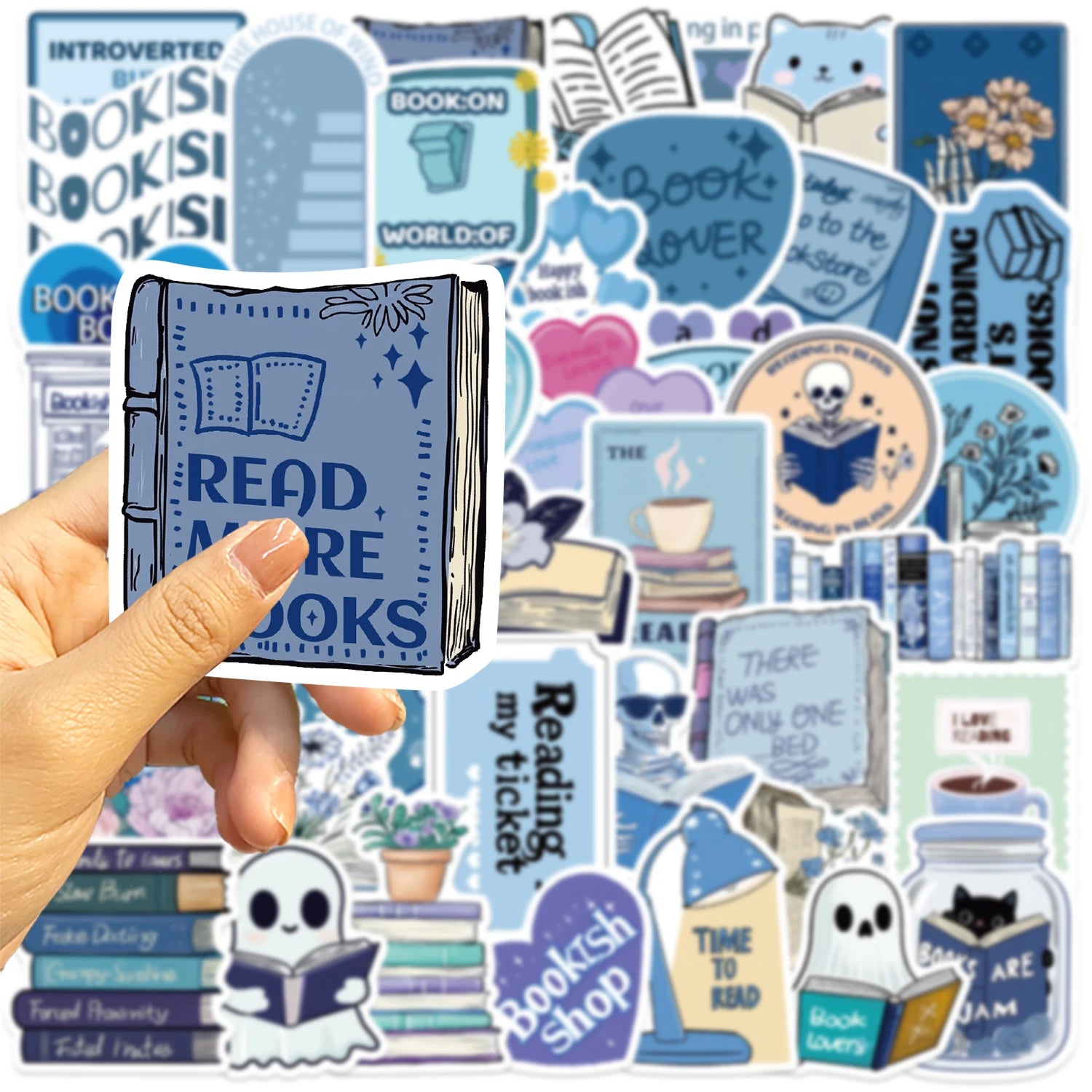 50Pcs Blue Bookish Graffiti Sticker Reading Book Stickers for Students School Season Gift DIY Stationery Luggage Laptop