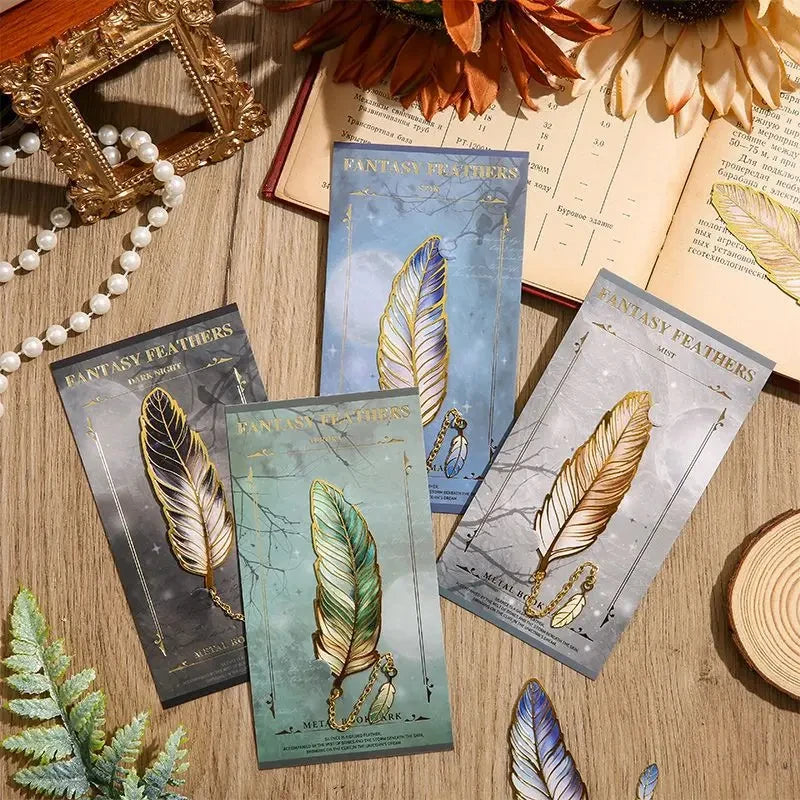 Vintage Feather Gold Stamped Metal Bookmark with Metal Chain Pendant,