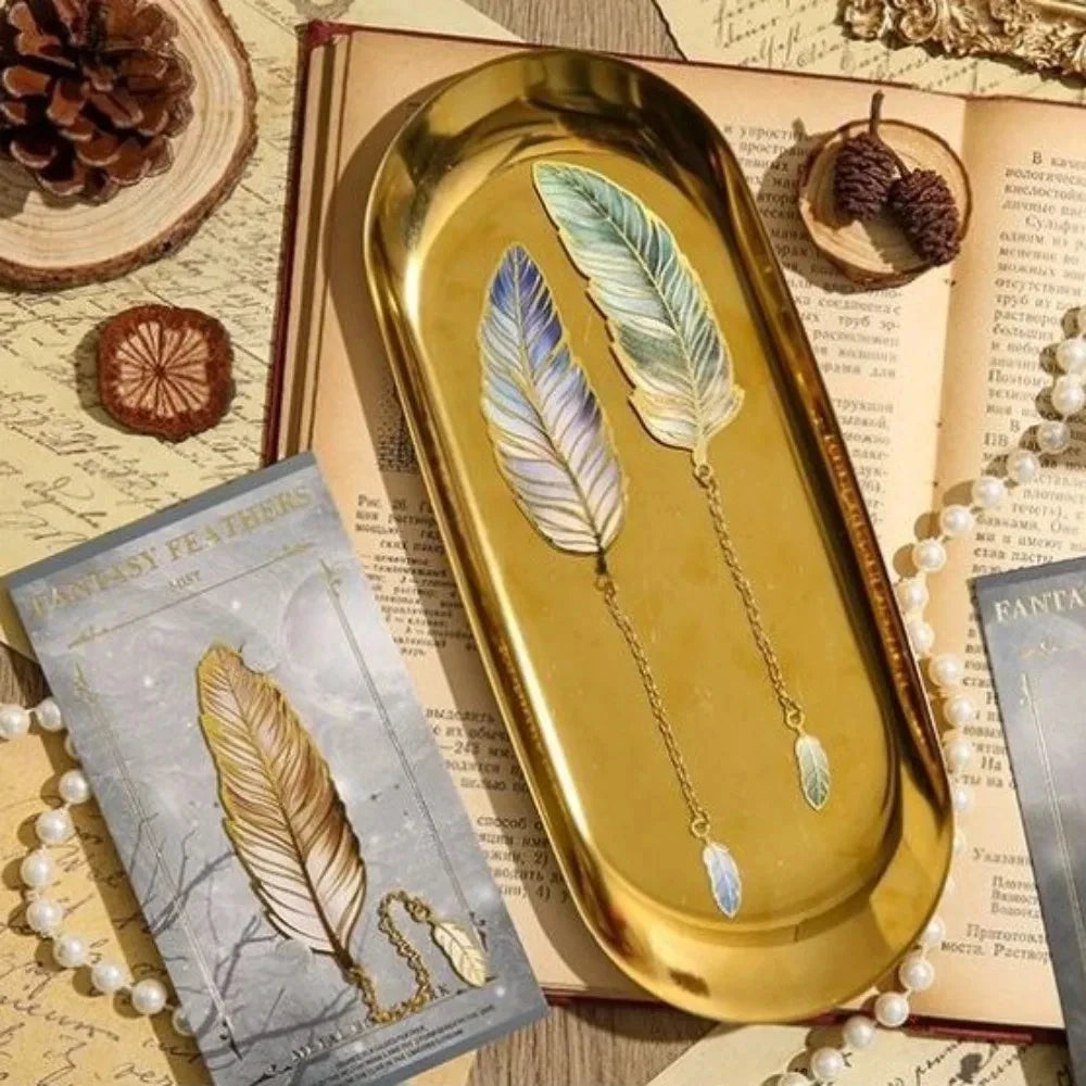 Vintage Feather Gold Stamped Metal Bookmark with Metal Chain Pendant,