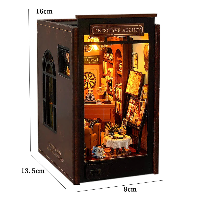 DIY Book Nook Shelf Insert Kit 3D Wooden Puzzle Doll House Assembly Building Model Bookends With Furniture LED Light Xmas Gifts