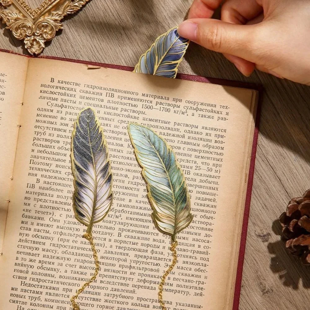 Vintage Feather Gold Stamped Metal Bookmark with Metal Chain Pendant,
