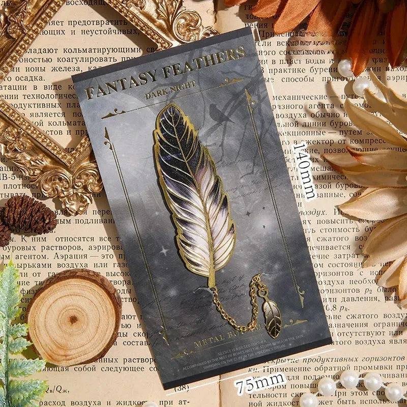 Vintage Feather Gold Stamped Metal Bookmark with Metal Chain Pendant,