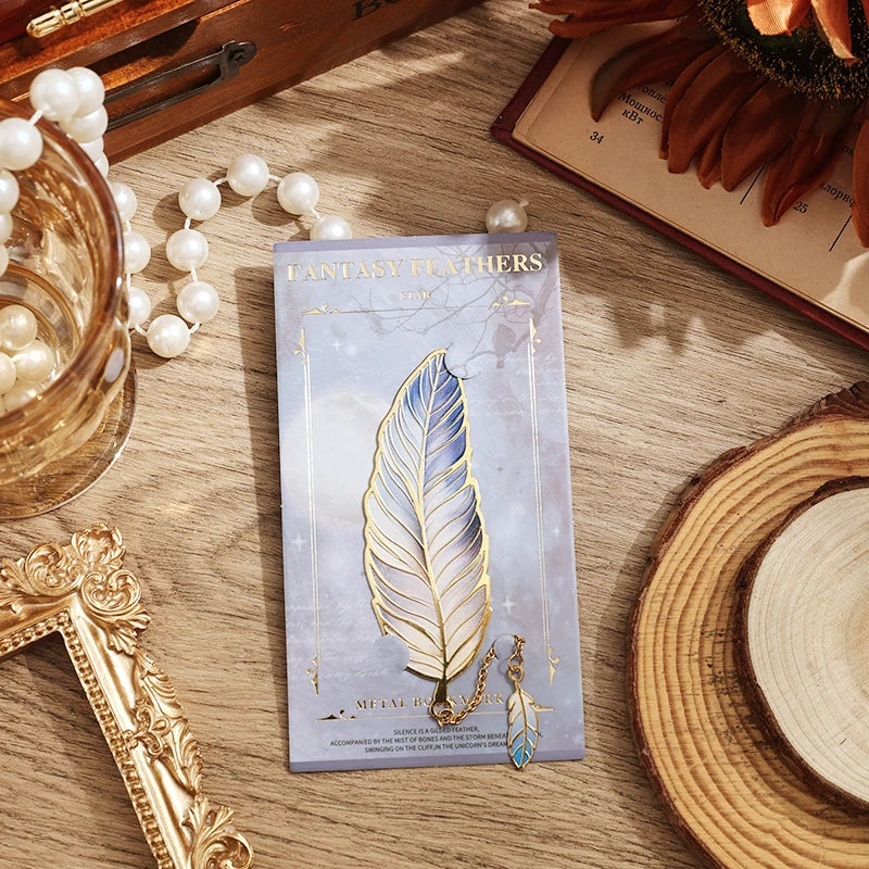 Vintage Feather Gold Stamped Metal Bookmark with Metal Chain Pendant,