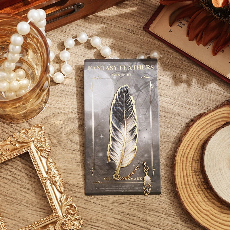 Vintage Feather Gold Stamped Metal Bookmark with Metal Chain Pendant,