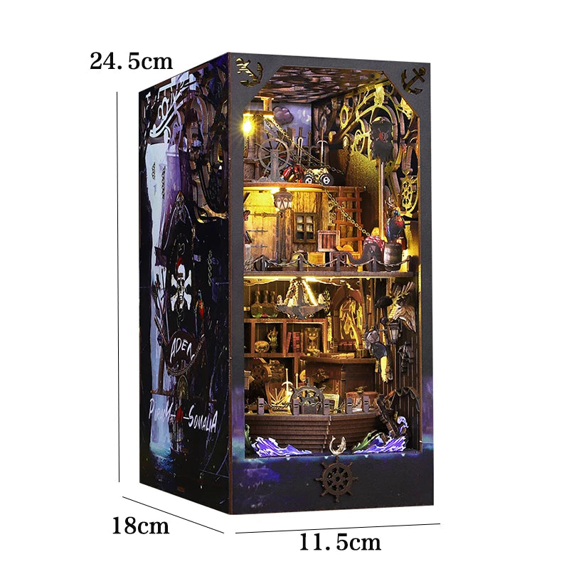 DIY Book Nook Shelf Insert Kit 3D Wooden Puzzle Doll House Assembly Building Model Bookends With Furniture LED Light Xmas Gifts