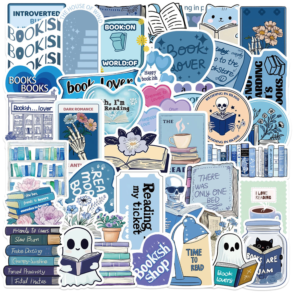 50Pcs Blue Bookish Graffiti Sticker Reading Book Stickers for Students School Season Gift DIY Stationery Luggage Laptop