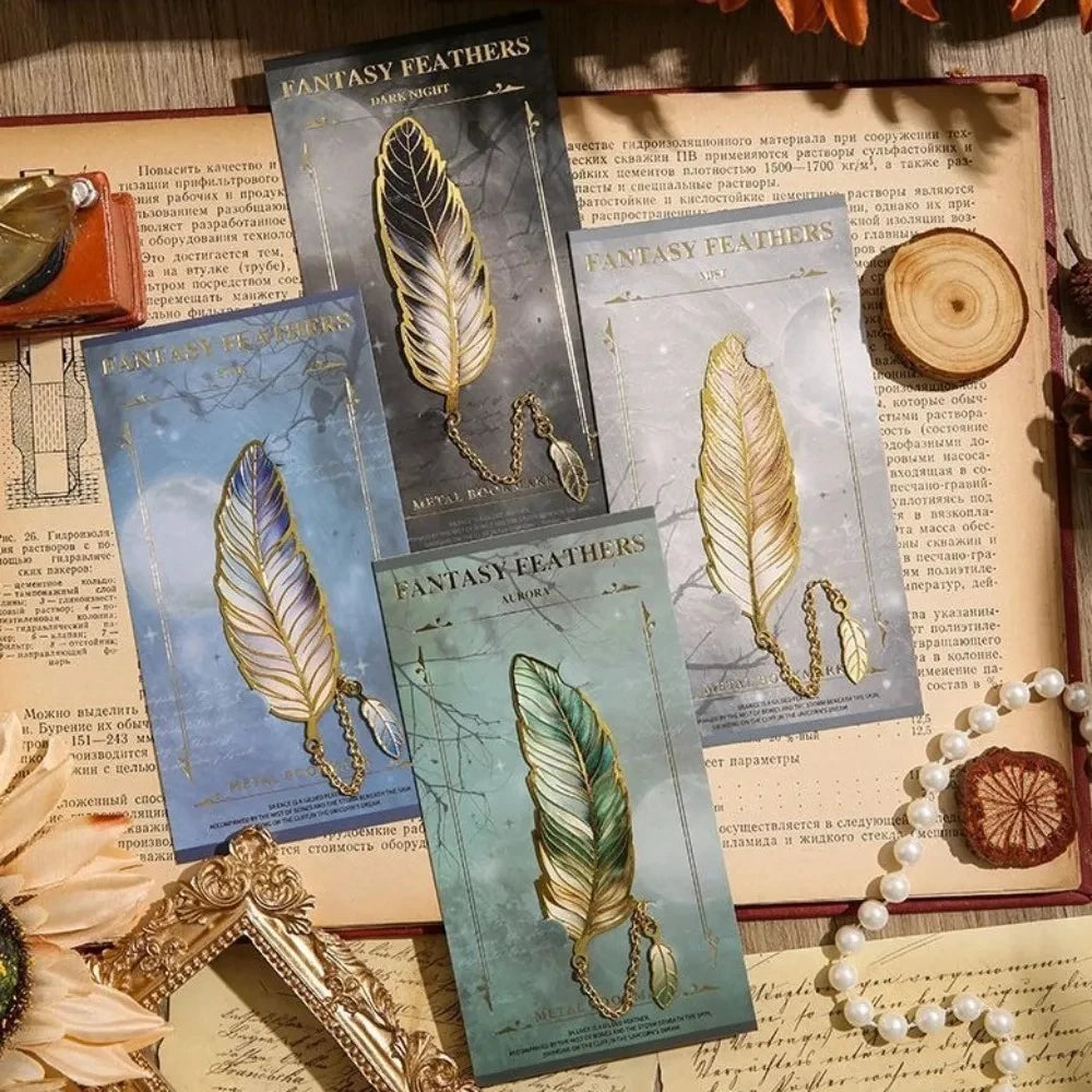 Vintage Feather Gold Stamped Metal Bookmark with Metal Chain Pendant,