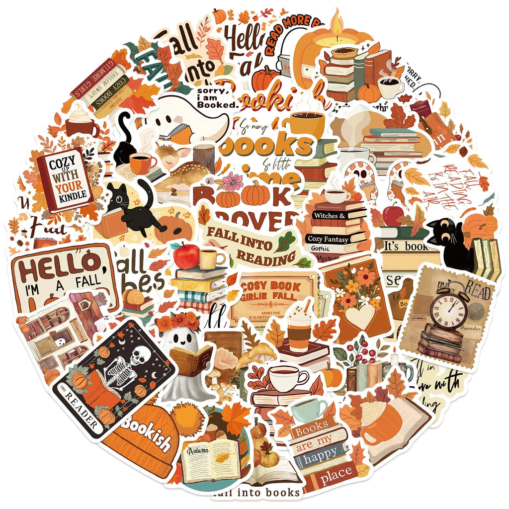 50Pcs Bookish Autumn Graffiti Stickers Cartoon Cute Ghost Books Graffiti DIY Bookbook Notebook Stickers