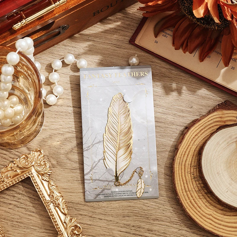 Vintage Feather Gold Stamped Metal Bookmark with Metal Chain Pendant,