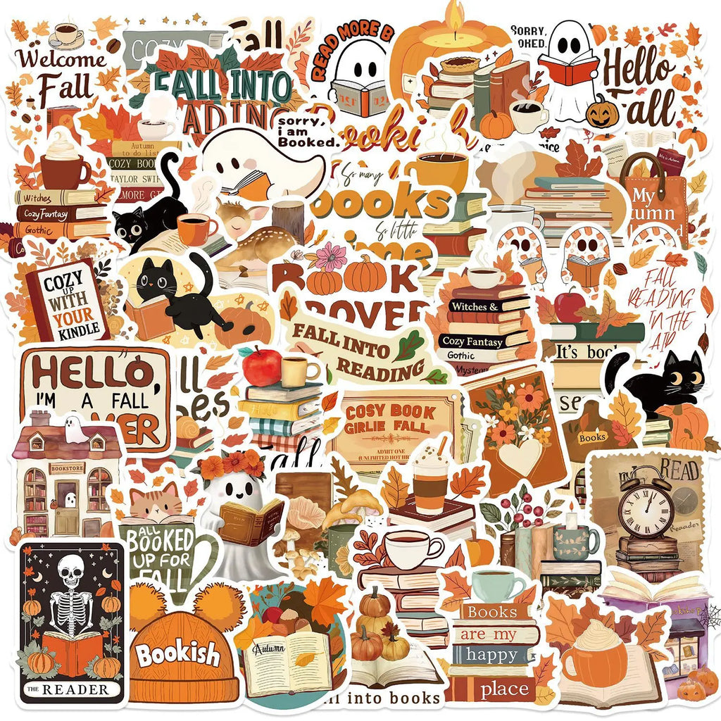50Pcs Bookish Autumn Graffiti Stickers Cartoon Cute Ghost Books Graffiti DIY Bookbook Notebook Stickers