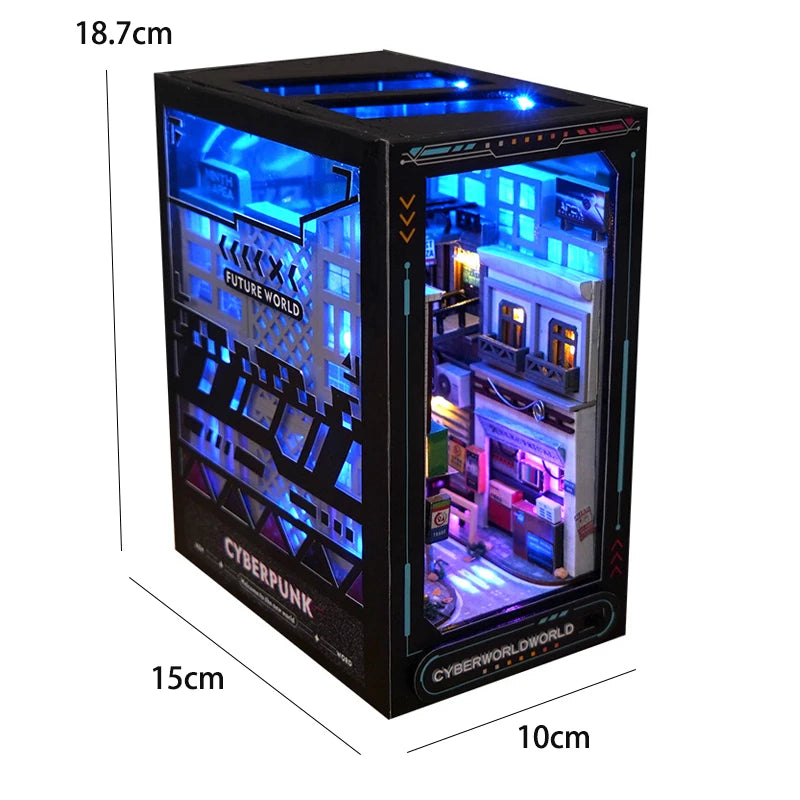 DIY Book Nook Shelf Insert Kit 3D Wooden Puzzle Doll House Assembly Building Model Bookends With Furniture LED Light Xmas Gifts