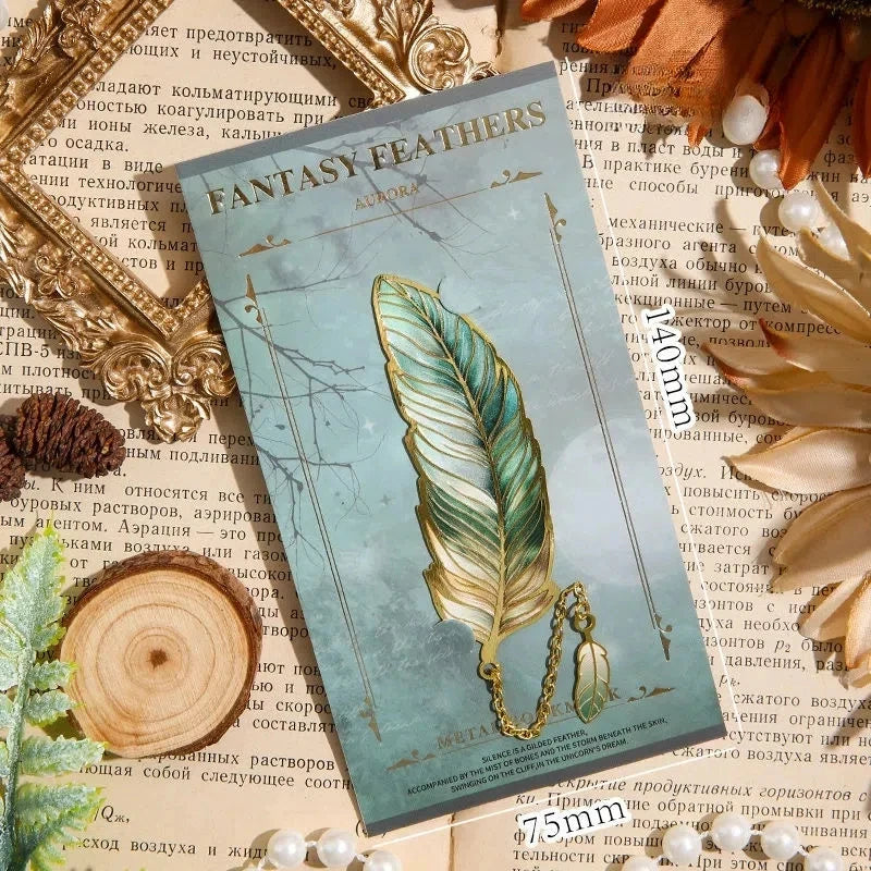 Vintage Feather Gold Stamped Metal Bookmark with Metal Chain Pendant,