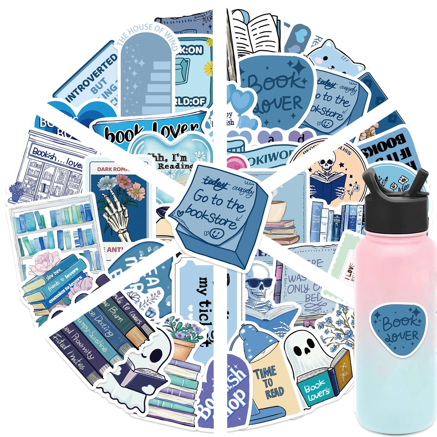 50Pcs Blue Bookish Graffiti Sticker Reading Book Stickers for Students School Season Gift DIY Stationery Luggage Laptop
