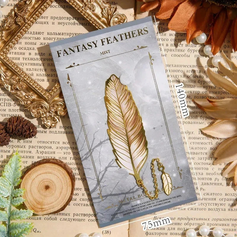 Vintage Feather Gold Stamped Metal Bookmark with Metal Chain Pendant,