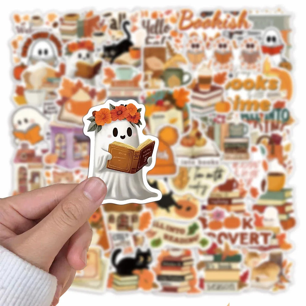 50Pcs Bookish Autumn Graffiti Stickers Cartoon Cute Ghost Books Graffiti DIY Bookbook Notebook Stickers