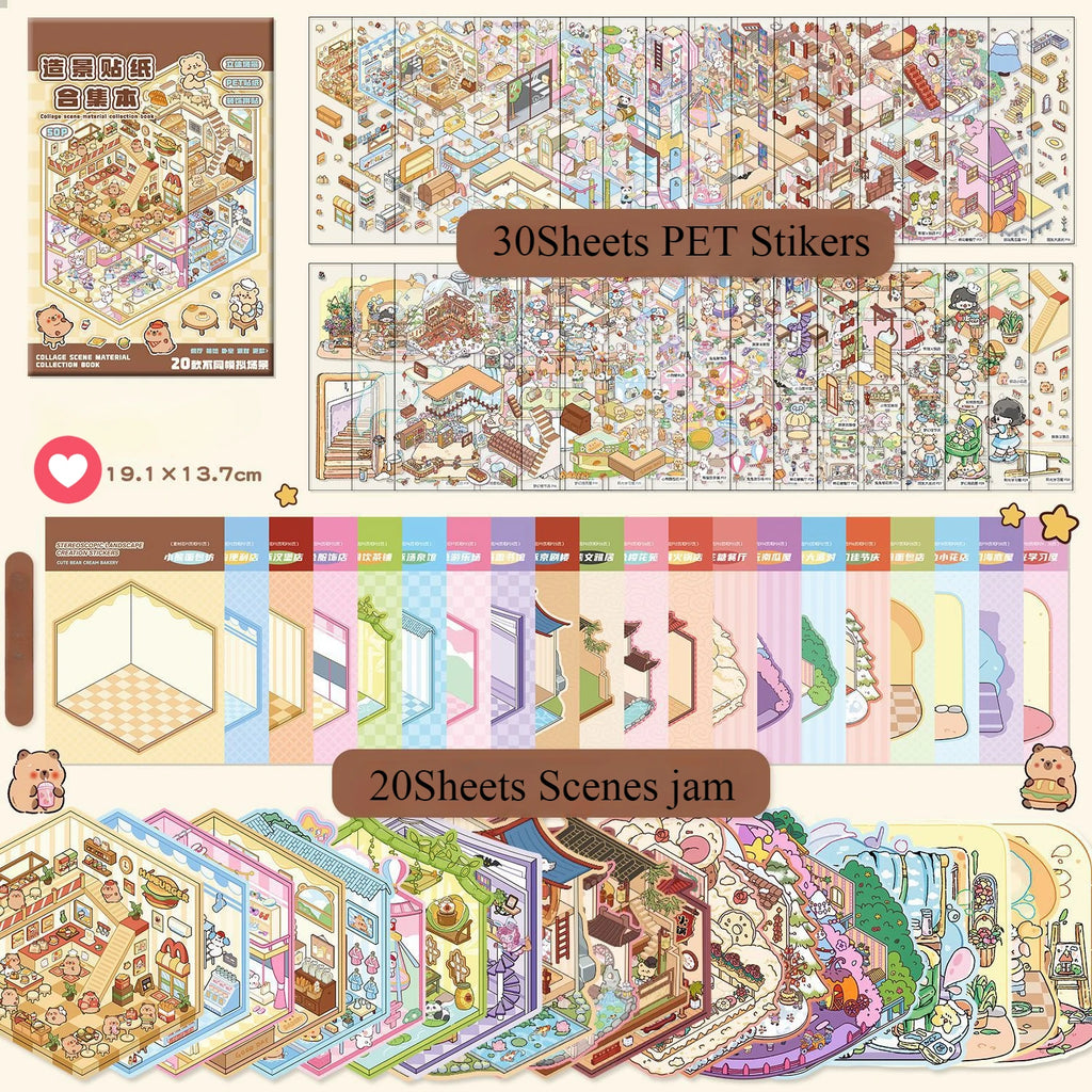 20PCS 3D Capybara Landscape Stickers Collection Book Album Cartoon Scene DIY Toy Game Festival Birthday Gift for Kid Girl Child