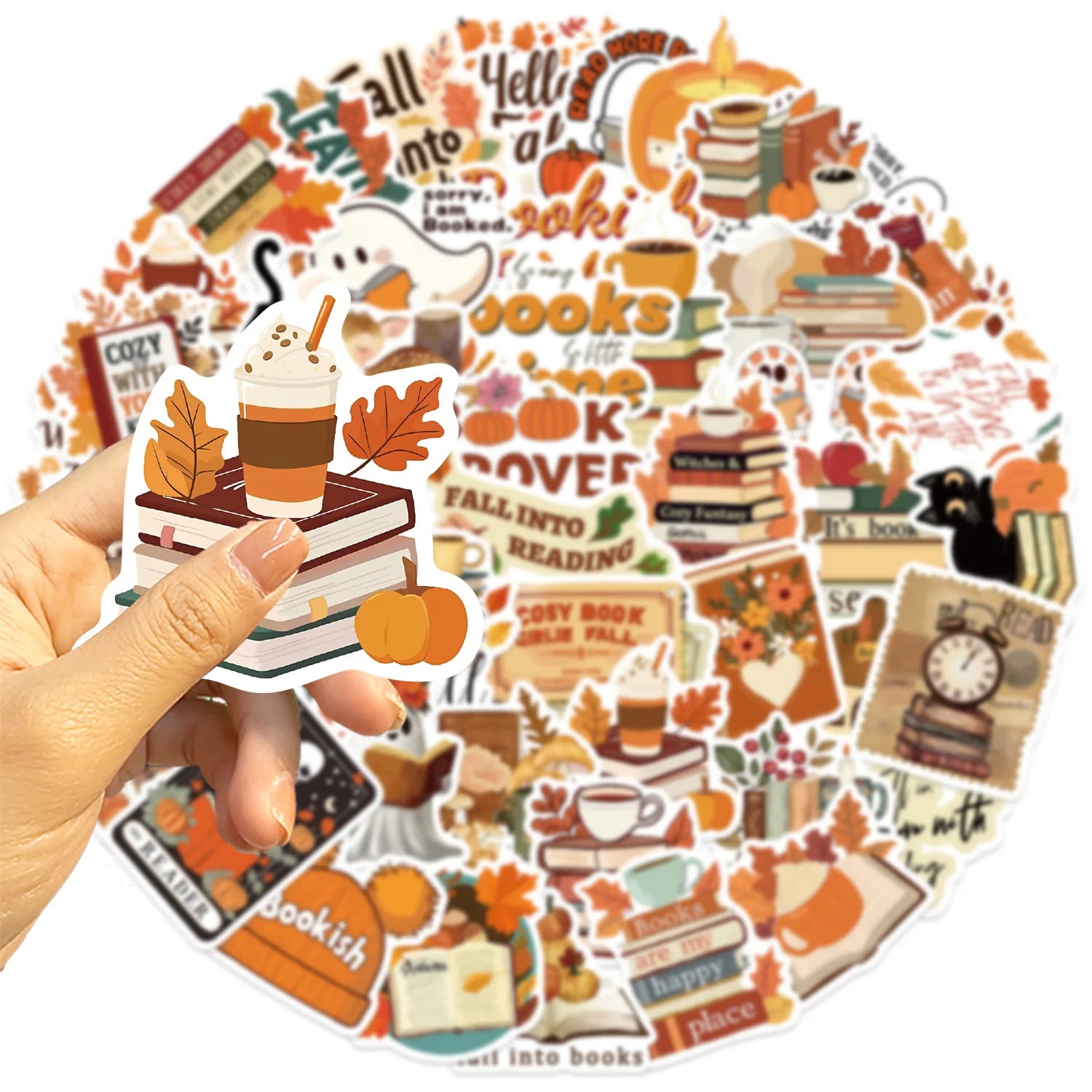 50Pcs Bookish Autumn Graffiti Stickers Cartoon Cute Ghost Books Graffiti DIY Bookbook Notebook Stickers