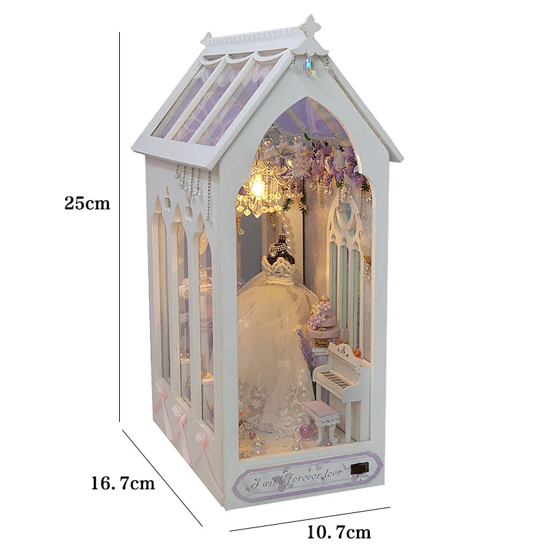 DIY Book Nook Shelf Insert Kit 3D Wooden Puzzle Doll House Assembly Building Model Bookends With Furniture LED Light Xmas Gifts