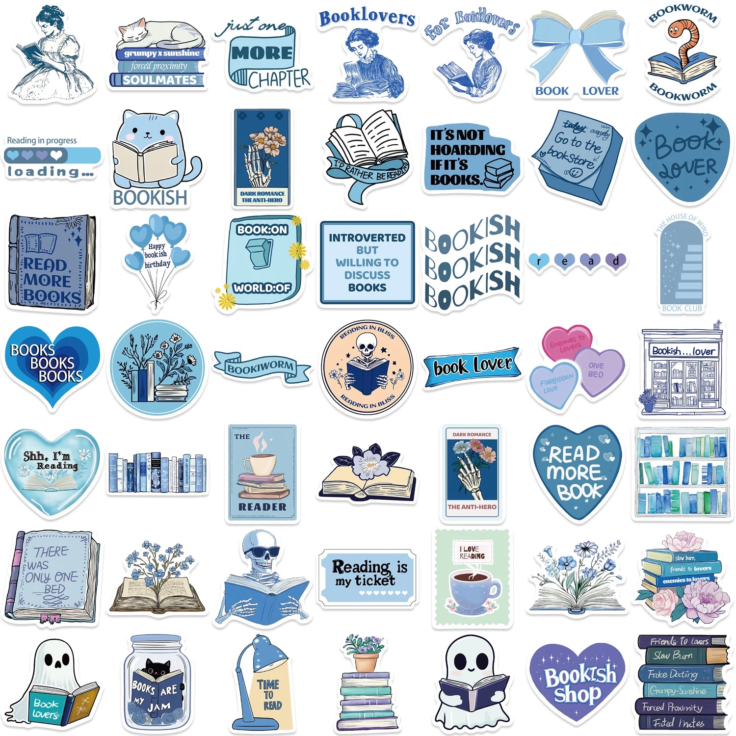 50Pcs Blue Bookish Graffiti Sticker Reading Book Stickers for Students School Season Gift DIY Stationery Luggage Laptop