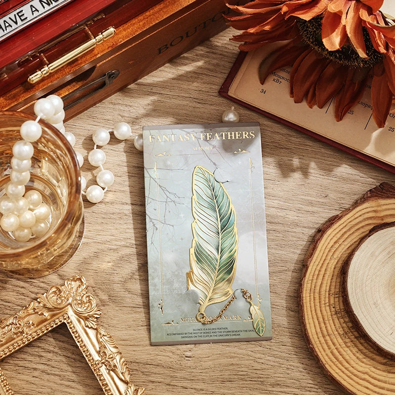 Vintage Feather Gold Stamped Metal Bookmark with Metal Chain Pendant,
