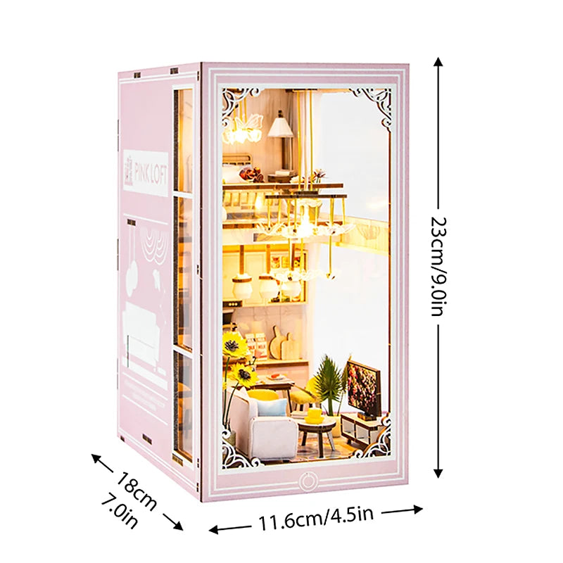 DIY Book Nook Shelf Insert Kit 3D Wooden Puzzle Doll House Assembly Building Model Bookends With Furniture LED Light Xmas Gifts