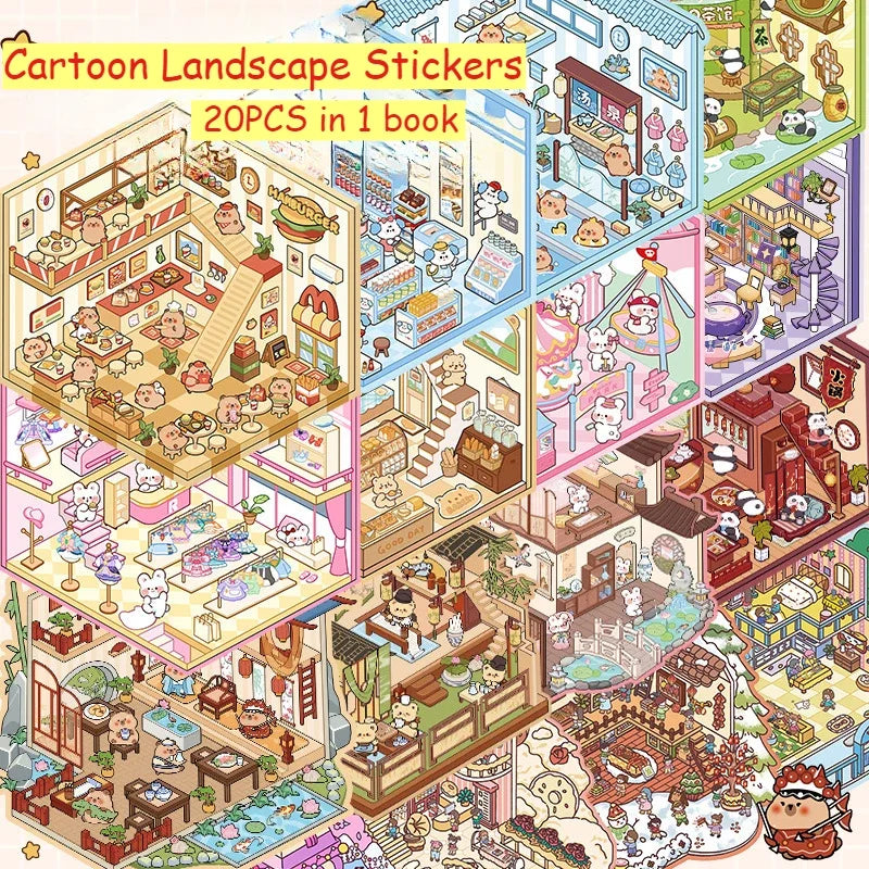 20PCS 3D Capybara Landscape Stickers Collection Book Album Cartoon Scene DIY Toy Game Festival Birthday Gift for Kid Girl Child