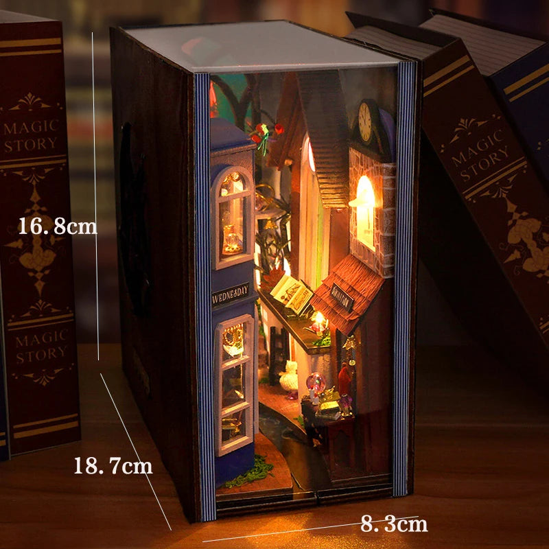 DIY Book Nook Shelf Insert Kit 3D Wooden Puzzle Doll House Assembly Building Model Bookends With Furniture LED Light Xmas Gifts